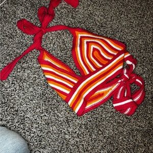 Red and Orange Striped Crochet Halter Top